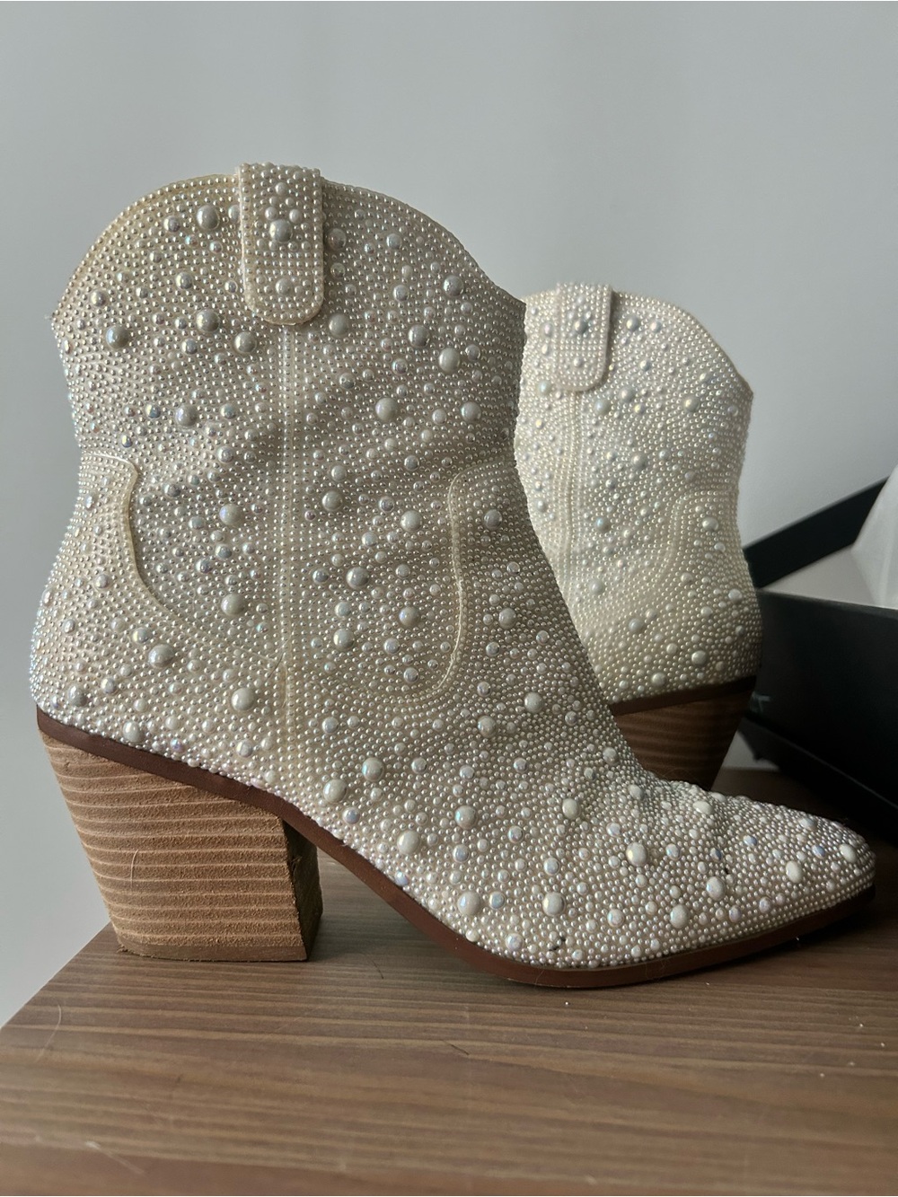 Betsy Johnson Pearl-Embellished Cream Western Ankle Boots